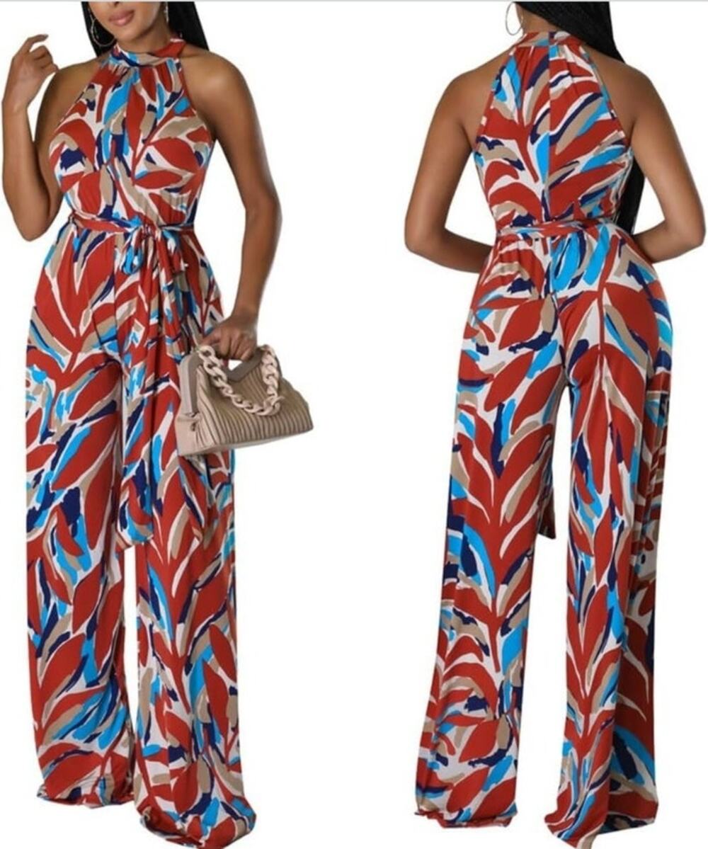 NWT ~ Women's Plus Size Red Abstract Tropical Sleeveless Wide Leg Jumpsuit ~ 2X